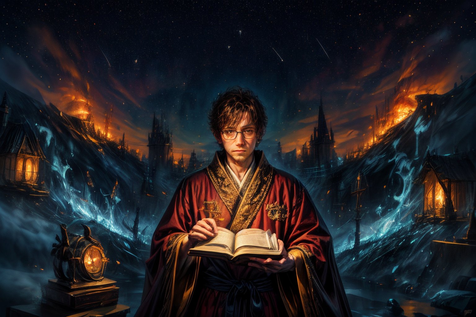 masterpice , HDR , oilpinting , portrait , man , boy , glasses ,  king , crown , robe , holding a book, epic , 
 , books ,high_resolution , high detail , looking at viewer , blue flames , sharp eyes , stars , sky, , fansty world,