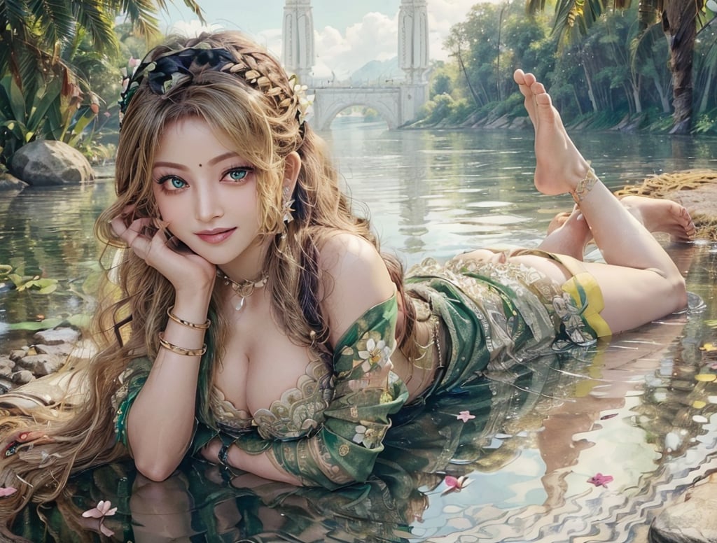 (best quality), (masterpiece), ((realistic), (detailed), girl, wearing Indian saree, fair 1 girl, scenery, floating flower petals,
smile, green eyes, extremely long hair, blonde hair, forehead, medium boobs,
Lying on front, on stomach, barefoot, choker, headband, see-through dress,