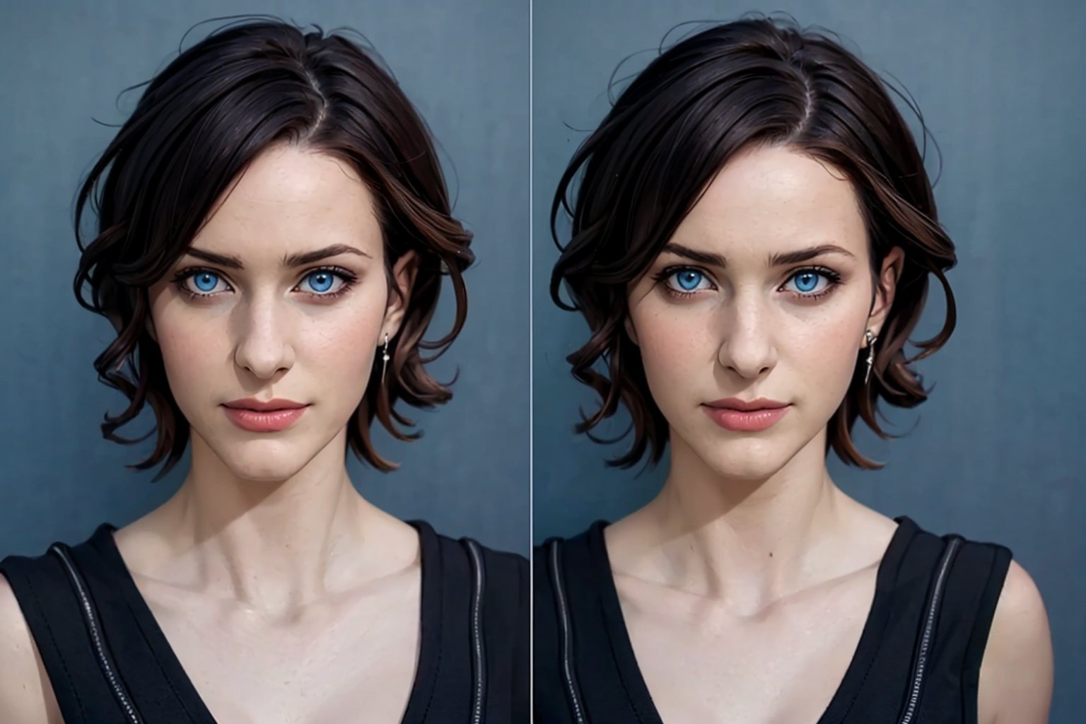 (photorealistic:1.5), realistic skin, black dress, perfect face, detailed pupil, blue eyes, half body, small chest, solo, standing