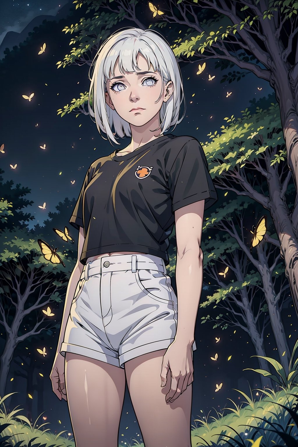  , incandescent illumination, croped tshirt, anime style,  forest background, closed mouth, white short shorts, pale skin, detailed pupil,  , white haired:1.5, solo, standing,short hairdragon ball,potcoll,dragon ball,hinata(boruto),realbrosnahan,fantasy00d,EpicArt,firefliesfireflies,night sky