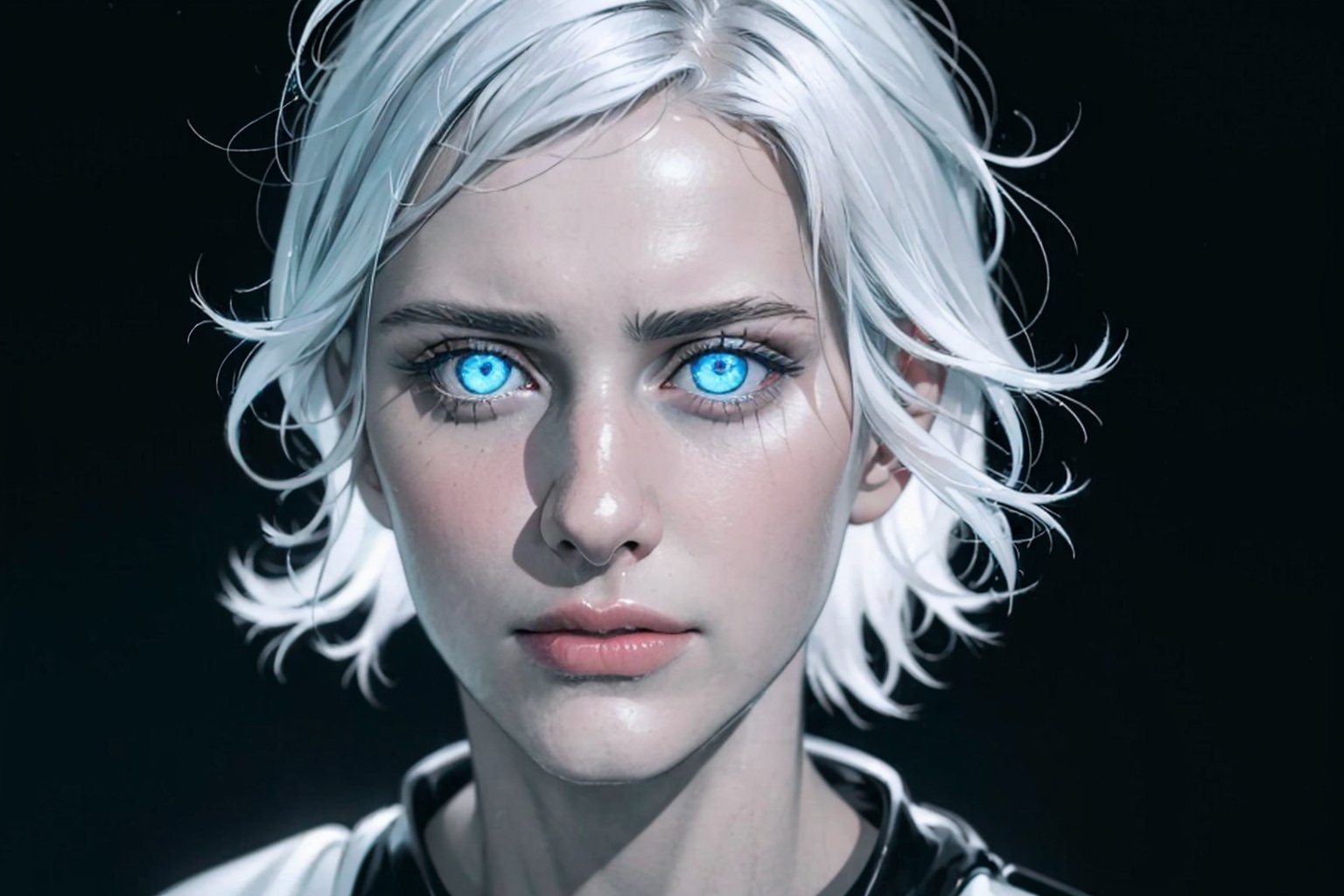 (photorealistic:1.5), closed mouth, realistic skin, black dress, short hair, perfect face, detailed pupil, blue eye:1.0, glowing eye:0.5,bright eye:1.0, half body, white haired, solo, standing,Detailedface,satoru gojo,white hair,blue eyes,short hair