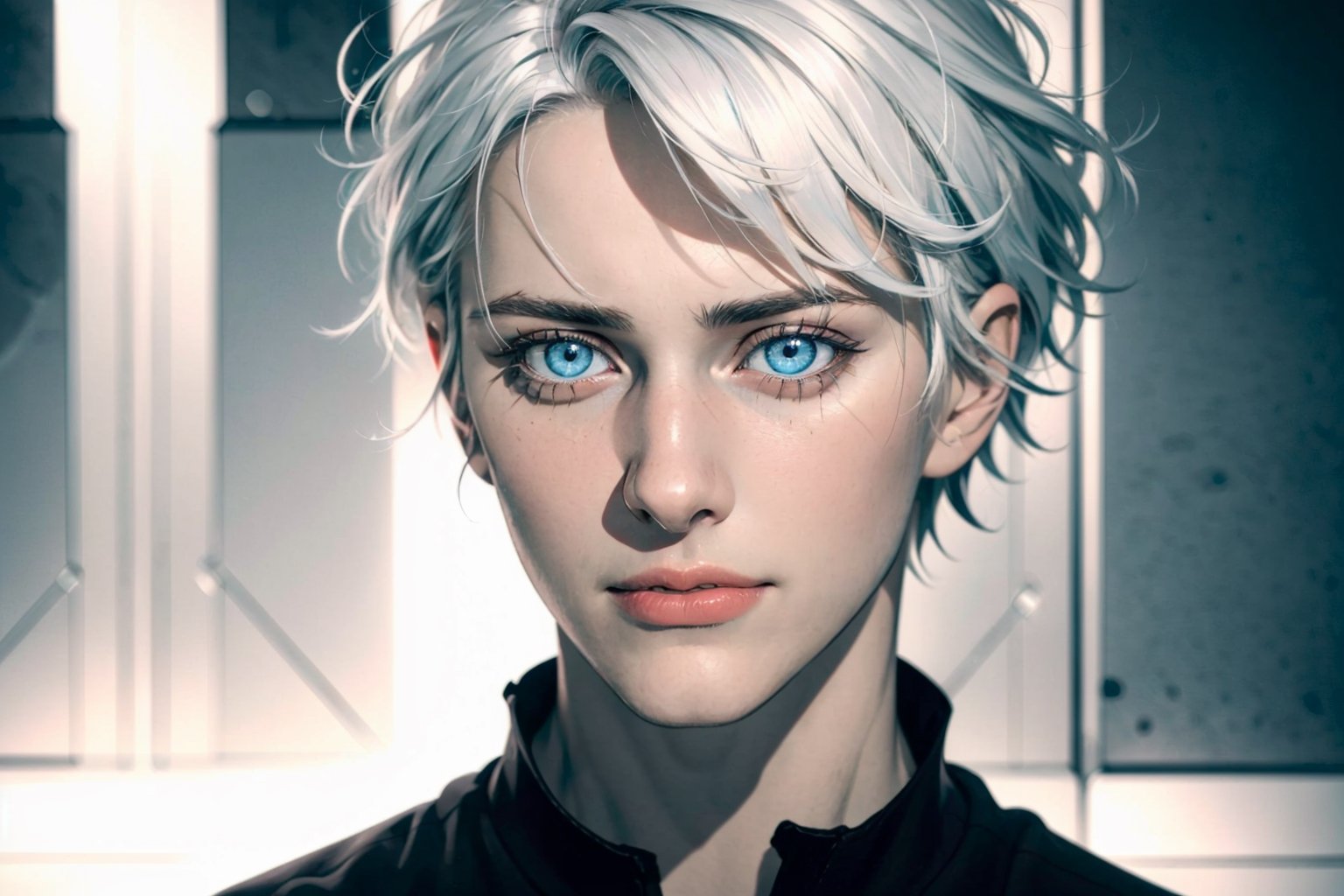 (photorealistic:1.5), closed mouth, realistic skin, black dress, short hair, perfect face, detailed pupil, blue eye:1.5, bright eye:1.5, half body, white haired, solo, standing,Detailedface,satoru gojo,white hair,blue eyes,short hair