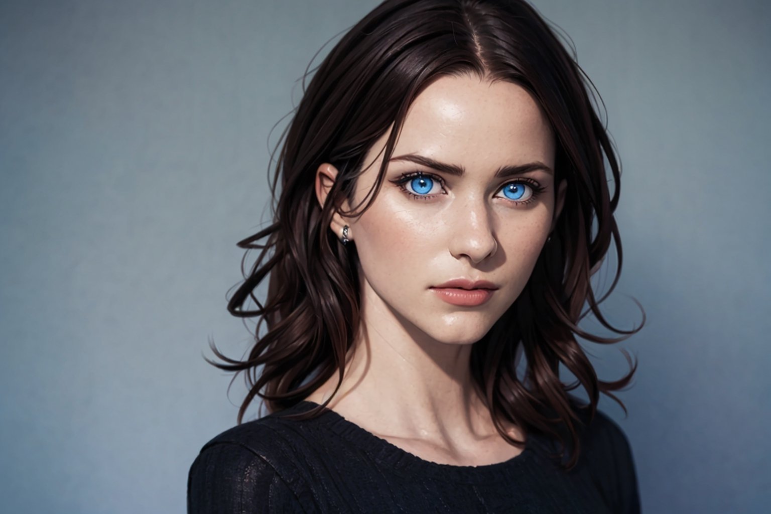 (photorealistic:1.5), realistic skin, black dress, perfect face, detailed pupil, blue eyes, half body, small chest, solo, standing