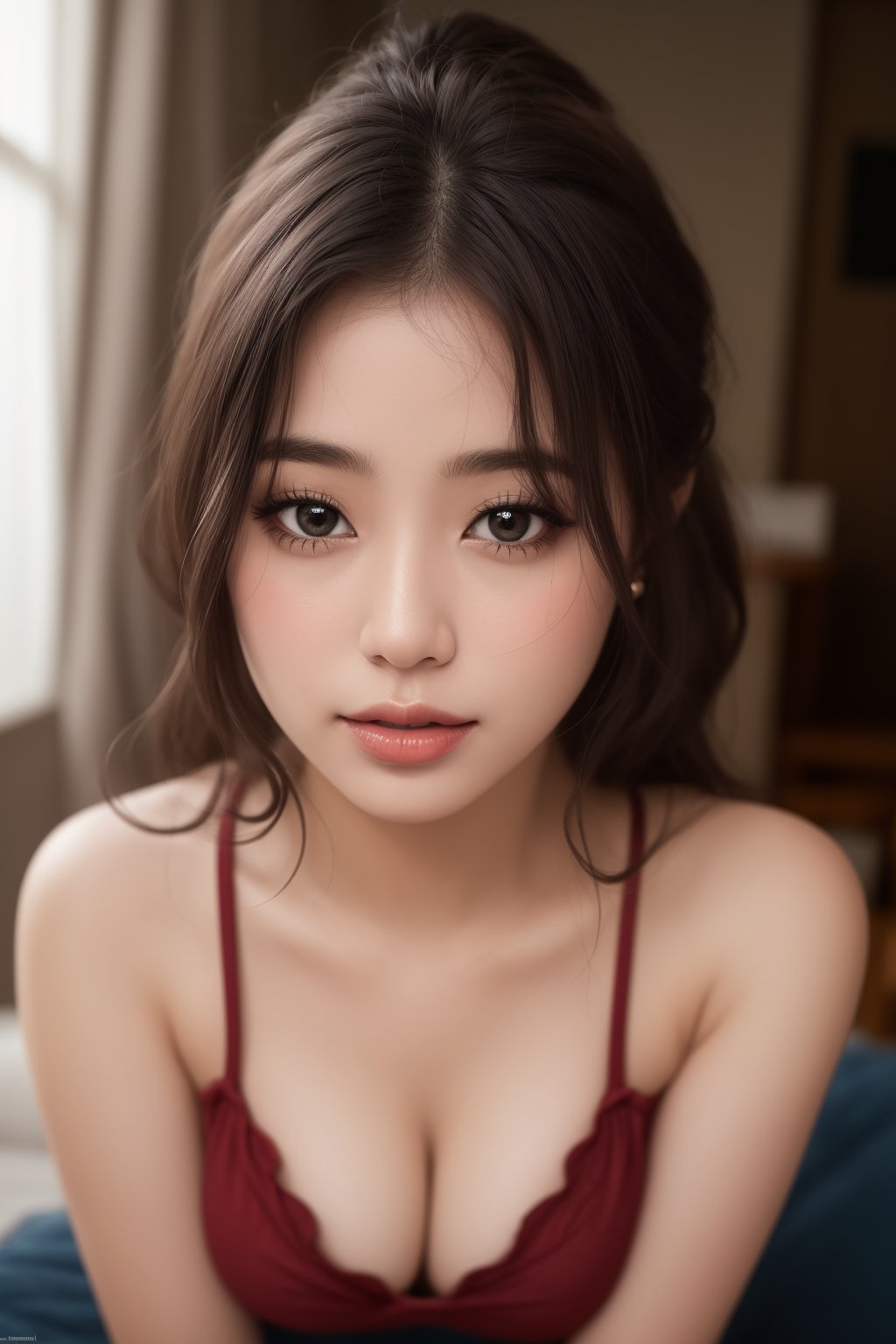 best quality, masterpiece, best quality, asian negro faces, Blasian, 1 girl, detaile eye, beautiful eye, DSRL lighting, detail faces, erotic, medium_breasts, red g strig, 