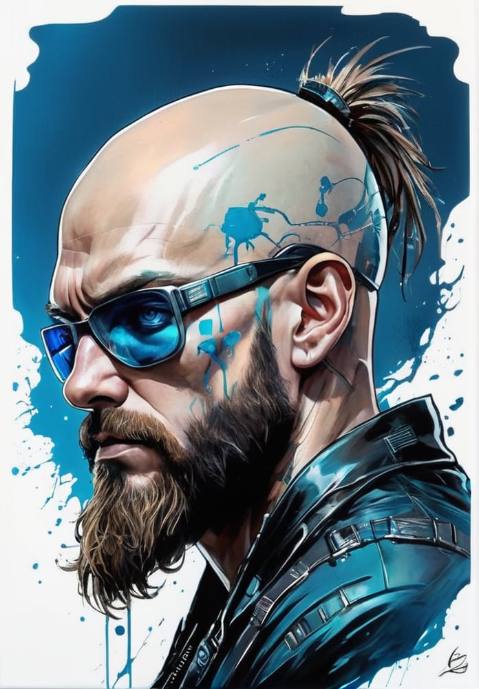 art sticker, extremely beautiful bald and bearded man with eyepatch, fantasy character, soul, digital illustration, black and neon laser blue, comic book style, atomicpunk noir, perfect anatomy, centered, approaching perfection, dynamic, highly detailed, watercolor painting, artstation, concept art, soft, sharp focus, illustration, (((white background))), art by Carne Griffiths and Wadim Kashin,,cyberpunk style