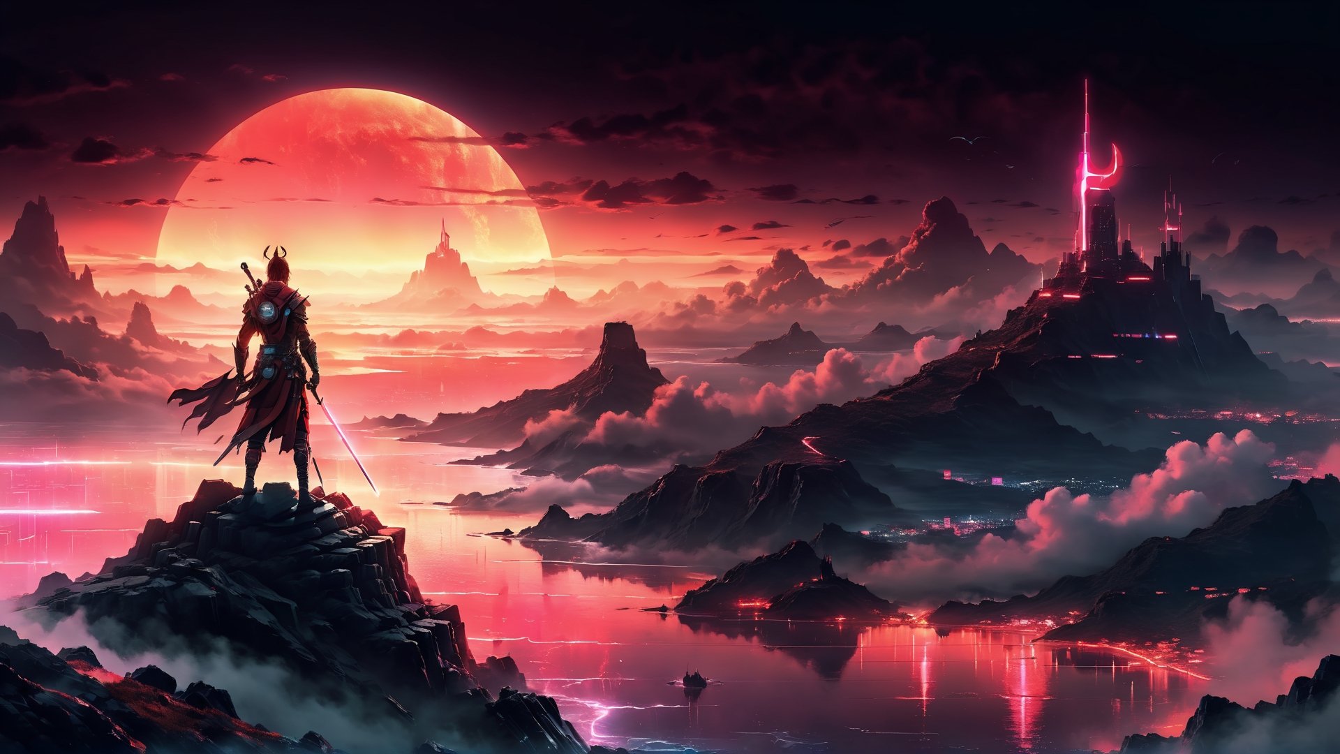 A Lone warrior on the top of the hill watching the ocean, red sunset sky, water reflections, neon lights, futuristic technology, mysterious fog, muffled silence