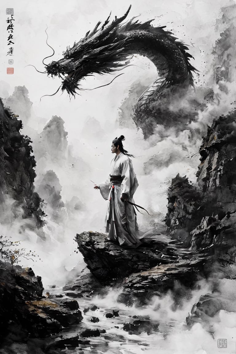 masterpiece, best quality, concept_dragon photo, (1man), 22 y.o., long floating white hairs, action pose, hanfu fashion, chinese dragon, eastern dragon, white theme, volumetric lighting, ultra-high quality, photorealistic, rock mountain background, chinese watercolor painting
