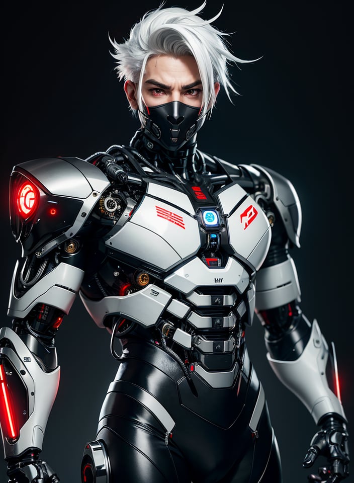 1male, nijistyle, 30 years old, full body of cyborg male, handsome face, beautiful detailed eyes, 8k, cybernetic jaw, mechanical parts, white shirt, unbottoned, black latex skirt, metal skin, red eyes, cables, wires, White hair, simple background, bulge