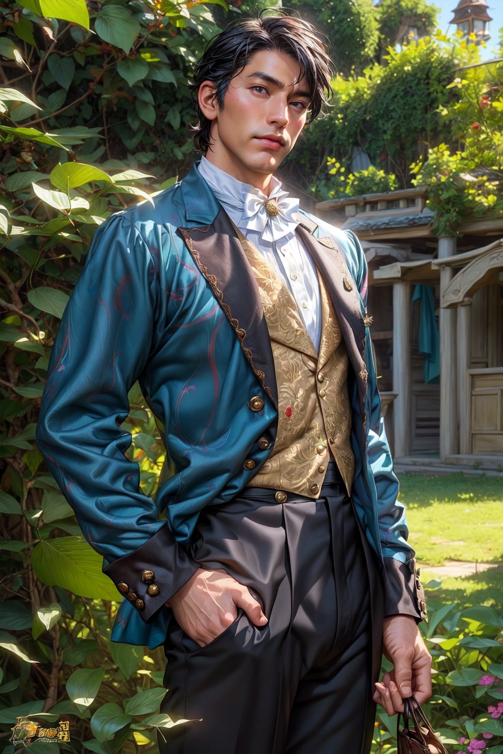 1man, asaian, (Cowboy-shot:1.2), victorian aristocrat clothes, detailed, white skin, black hair, hd, 4K, realistic, black clothes, photorealistic