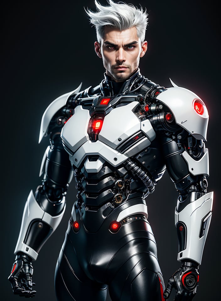 1male, nijistyle, 30 years old, full body of cyborg male, handsome face, beautiful detailed eyes, 8k, cybernetic jaw, mechanical parts, white shirt, unbottoned, black latex skirt, metal skin, red eyes, cables, wires, White hair, simple background, bulge,arshadArt