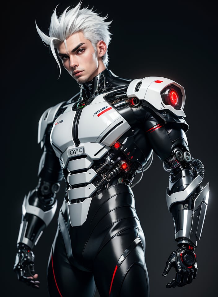 1male, nijistyle, 30 years old, full body of cyborg male, handsome face, beautiful detailed eyes, 8k, cybernetic jaw, mechanical parts, white shirt, unbottoned, black latex skirt, metal skin, red eyes, cables, wires, White hair, simple background, bulge