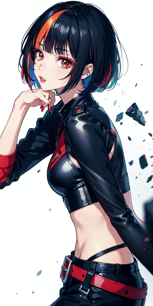 1 teen girl,solo, upper body,looking at viewer, white background, bob cut, short hair, multicolored hair, makeup , parted lips, red lips, eyeliner, ,walkure /(takt op./)