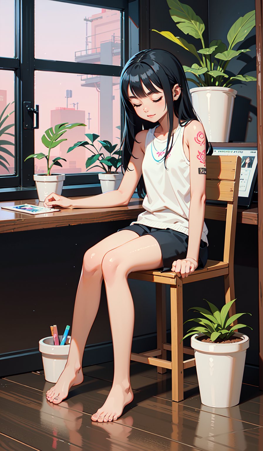 sleeping shorts, drawing, painting on paper, inks, ink pots, shelf((Masterpiece)), (Best Quality), Barefoot, Art, Highly Detailed, Extremely Detailed CG Unity 8k Wallpaper, (Curves: 0.8), (Full Body: 0.6), 3DMM, (Masterpiece, Best Quality) , black hair, long hair, tanned skin, tan skin, dark eyes, sitting, white sleeveless shirt, no bra, barefoot, tattoos, tattoo on the arm, sitting, tattooing a person, tattoo studio, white walls, lights pink neon, neon lights, pink lights, wooden shelf, pots, plants, decorative plants, window, window, city view, tattoo chair, tattoo artist, tattoo girl,PT,anime