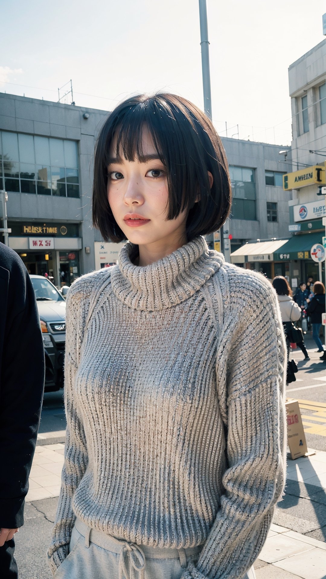 (Candid photography:1.3) photo of a beautiful woman, (long hime cut hairstype:1.3), (short hair:1.3), dressed in a cowl neck sweater, long pants, cowl neck sweater, walking in the center of the city, upper body, soft diffused lighting, eye level, shot on Aaton LTR with technicolor, (in style of Tyler Shields:1.2)