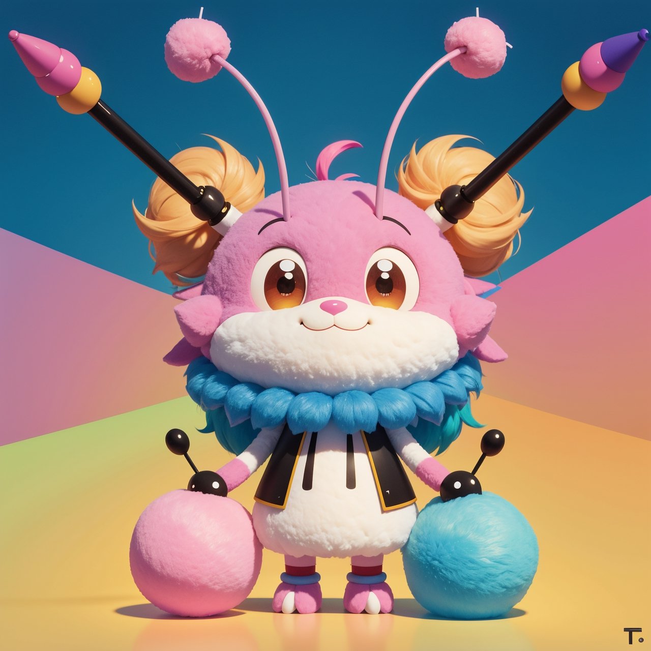 A cute and colorful mascot named TenTen. It is a fluffy creature with a big smile and two antennas on its head. (The antennas are shaped like the letter T) and have different colors depending on the AI model it is using. The mascot can also change its appearance and expression to match the style and mood of the generated image. It represents the creativity and diversity.