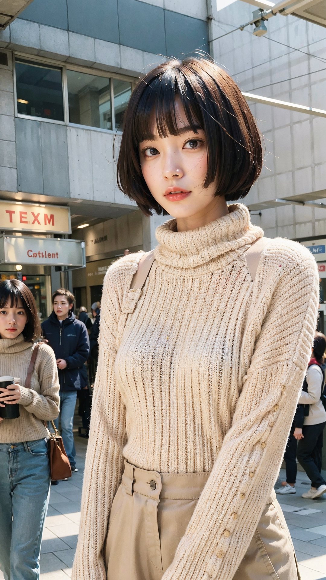 (Candid photography:1.3) photo of a beautiful woman, (long hime cut hairstype:1.3), (short hair:1.3), dressed in a beige cowl neck sweater, long pants, cowl neck sweater, walking in the center of the city, upper body, soft diffused lighting, eye level, shot on Aaton LTR with technicolor, (in style of Tyler Shields:1.2)