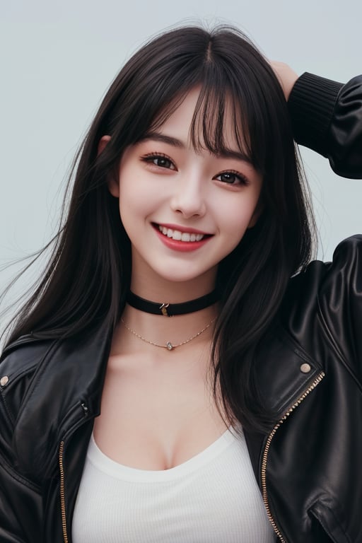 photography of a 20yo woman, masterpiece, black jacket, choker
,photorealistic,analog,realism, A radiant girl beaming with a genuine smile, spreading joy and positivity wherever she go,