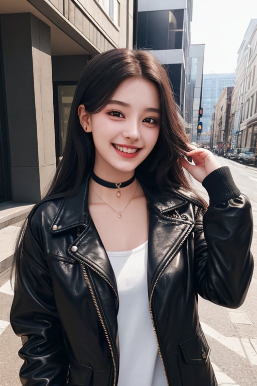 photography of a 20yo woman, masterpiece, black jacket, choker
,photorealistic,analog,realism, A radiant girl beaming with a genuine smile, spreading joy and positivity wherever she go,