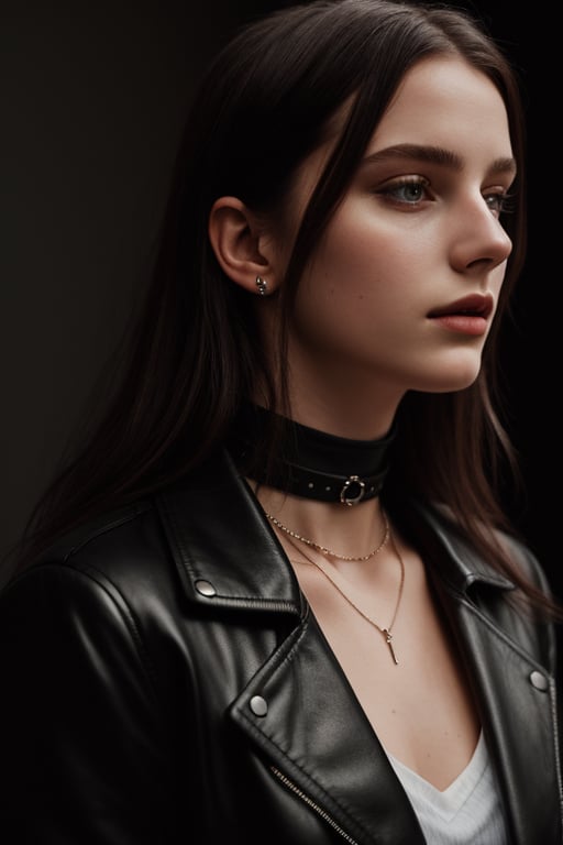 photography of a 20yo woman, masterpiece, black jacket, choker
,photorealistic,analog,realism