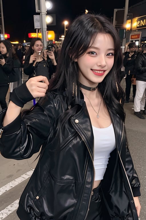 photography of a 20yo woman, masterpiece, black jacket, choker
,photorealistic,analog,realism, A radiant girl beaming with a genuine smile, spreading joy and positivity wherever she go