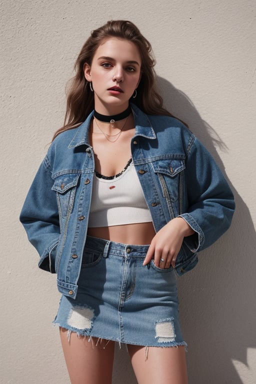 photography of a 20yo woman, masterpiece, denim jacket with inner nickĕ crop top color white, choker
,photorealistic,analog,realism, whole body with denim tattered skirt 