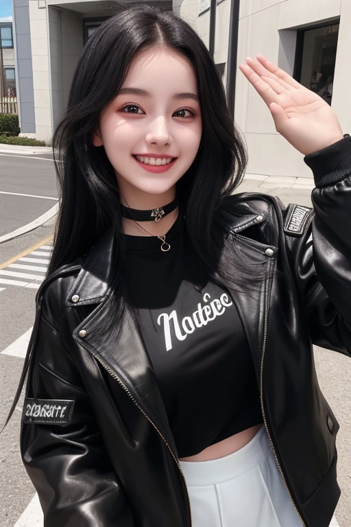 photography of a 20yo woman, masterpiece, black jacket, choker
,photorealistic,analog,realism, A radiant girl beaming with a genuine smile, spreading joy and positivity wherever she go,