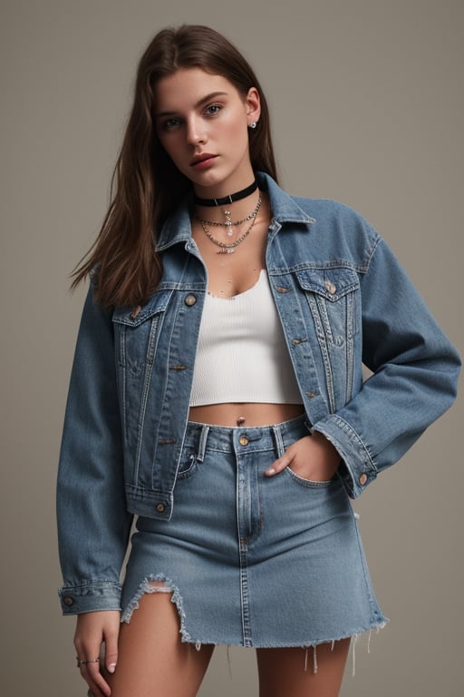 photography of a 20yo woman, masterpiece, denim jacket with inner nickĕ crop top color white, choker
,photorealistic,analog,realism, whole body with denim tattered skirt 