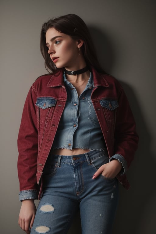 photography of a 20yo woman, masterpiece, red jacket, choker
,photorealistic,analog,realism, whole body with blue tattered jeans