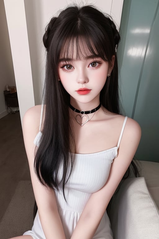 photography of a 20yo woman, masterpiece, casual dress, heart choker,hair_style,  whole body
,photorealistic,analog,realism, A compassionate girl with a heart full of love, spreading warmth and affection to those around her.