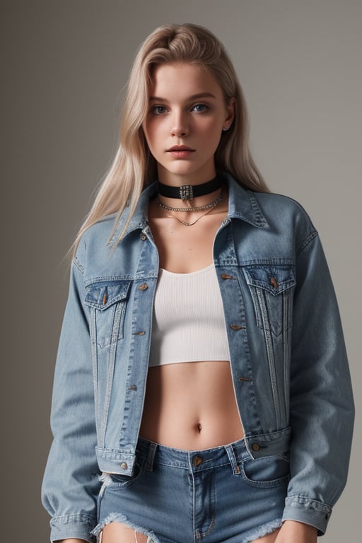 photography of a 20yo woman, masterpiece, denim jacket with inner nickĕ crop top color white, choker
,photorealistic,analog,realism, whole body with blue tattered jeans