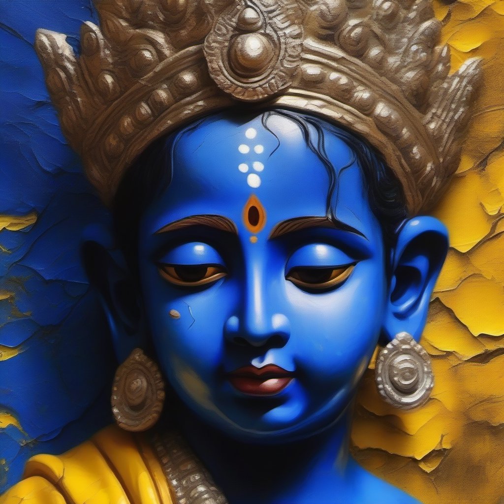 Hindu God Krishna, deep blue skin, half face, cracked oil painting with visible lines yellow impasto background, 16k, super high quality, hyper realistic
