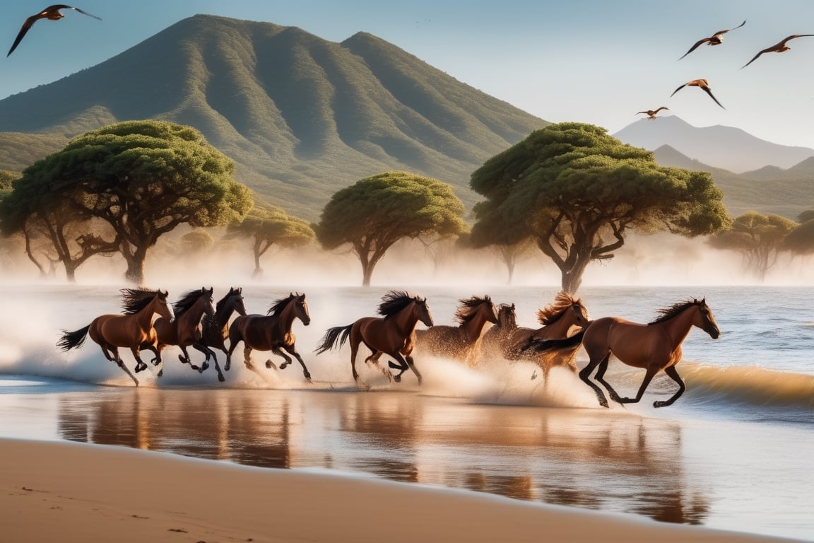 7 horses runing from left in the water, high tide and splash of the water,  summer sky, orange sand in foreground, little seen mountain in background, sharpest image, 4k, HD, high reso, photographic and cinematic look, flying birds in rows, weird big tree on right side, 