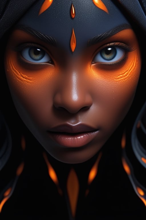 create an image of a close up of humanoid figure with striking features. The figure has smooth, glossy black skin that appears to be wet, with water droplets scattered across the surface, captturing the light and adding texture. There is an intricate pattern of vibrant, metallic orange lines streaming down the figure face and hood like flowing lava aginst the contrasting black background. These lines appear to be slightly raised from the surface giving a sense of depth and dimension. The figures eyes are captivating, with bright, golden orange irises that stand out against the overll dark tones. The eye contact with the viewer is direct and intense.Thehood, part of what seems to be a cloak or garment, drapes over the head and shoulders, conforming to the shape of the figure. The overall mood is enignamatic and powerful, with a sense of stillness amidst the dynamic flow of the blue-orange pattern. Try again side profile, some strands of hair can be seen in bright orange against the dark blue of her skin, sharp eyes in blue color, HDR, 16K,<lora:659095807385103906:1.0>