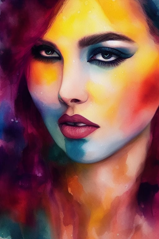 Colorful beautiful woman, a woman 18-years old, multiple colors messy hair, watercolor, nice perfect face, multiple colors, intricate detail, splash screen, 8k resolution, masterpiece, cute face, art station digital painting smooth very black ink flow, 8k resolution photorealistic masterpiece, intricately detailed fluid gouache painting, calligraphy, acrylic, watercolor art, professional photography, natural lighting, volumetric lighting maximalist, complex, elegant, expansive, fantastical, inkling girl, oval face, sharp eyes, curli thick hair