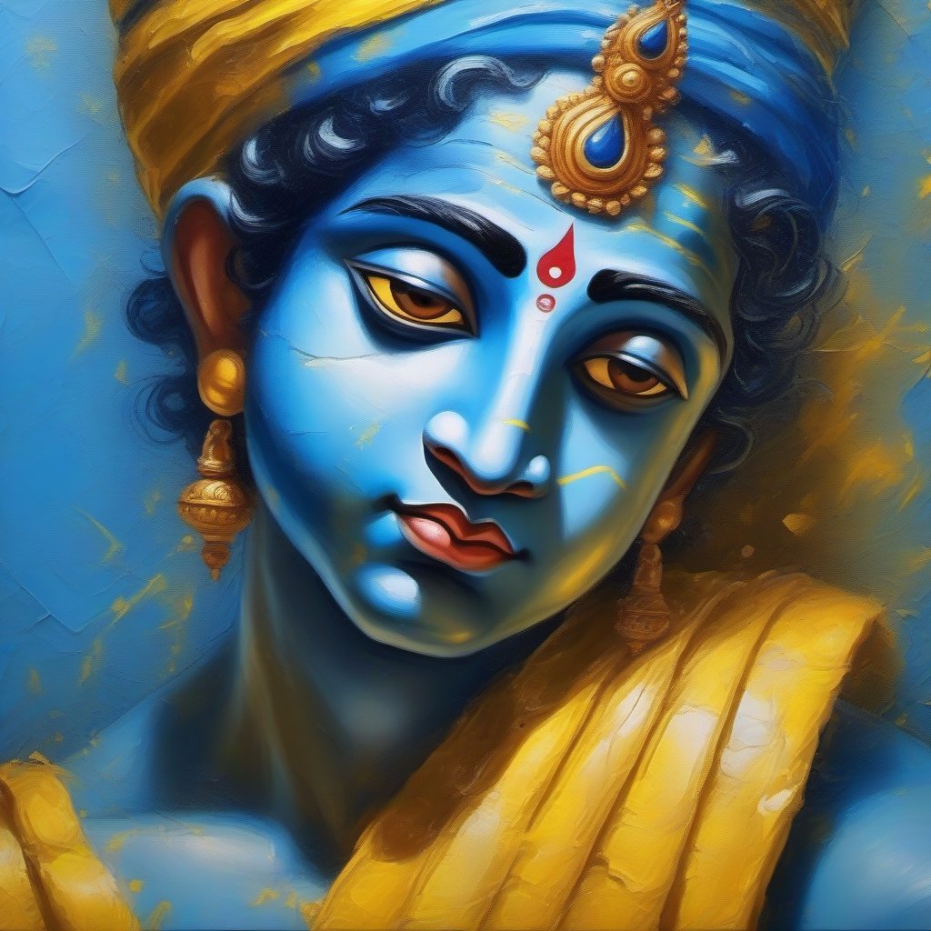 Hindu God Krishna , closeup, sharp eyes, light blue skin, half face, cracked oil painting with visible lines yellow blue impasto background, 16k, super high quality, hyper realistic
