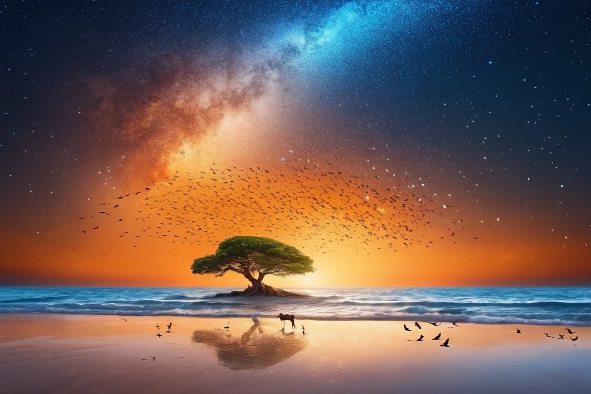 Seascape, starry sky, blue orange sky, high water tide, orange sand, fantasy looking scene, 4k, HD, sharp details, cinematic look, photographic HD, vibrant colors, flying birds, one big tree againt light, seven horses running in the water facing front