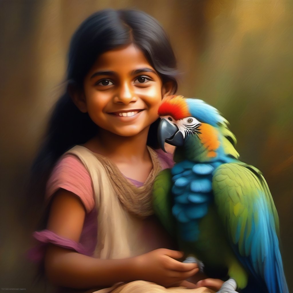 Share a funny or whimsical image in impressionist style,  Indian little girl with her big parrot  in 3D, hyper realistic sharp, 16K
