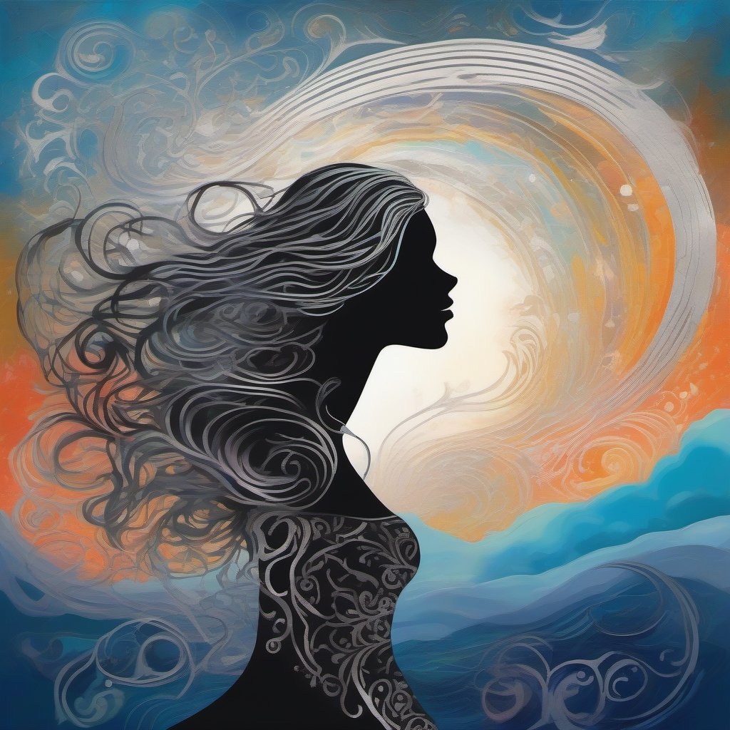 create a highly detailed stylized image of a silhouette of a woman with delicatedly flowing hair within a beautiful ethereal landscape with intricate silver pattern intertwined with abstract musical elements swirling through the background of soft vibrant colors and impasto paint