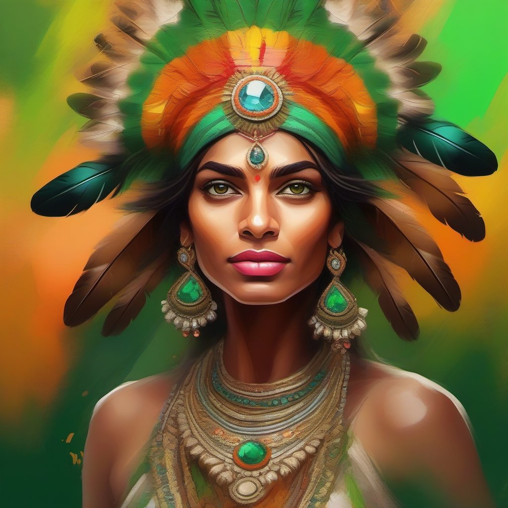 digital impasto paint n  illustration of a fashionably dressed Indian wearing an ornate hat adorned with colorful feathers and  gems, the background has a cracked, abstract textures with shades of orange and green, creating a sunlit effect behind her. The woman has striking green eyes, full lips, adorned with intricate jewelry and detailed, stylized dress, the image is in 3D, hyper detailed, 16K, super sharp, background of color splash
