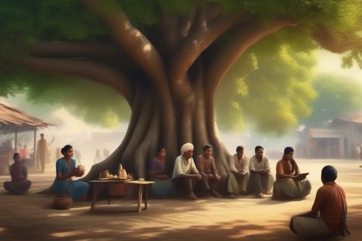 An Indian village scene from 1902, with a large banyan tree, with a cemented seat at the foot of the tree, and some people sitting and chatting, near the base of the tree, some are reading newspapers. A tea seller in the background., 4K, cinematic look, HD, detailed, sharp, photorealistic
