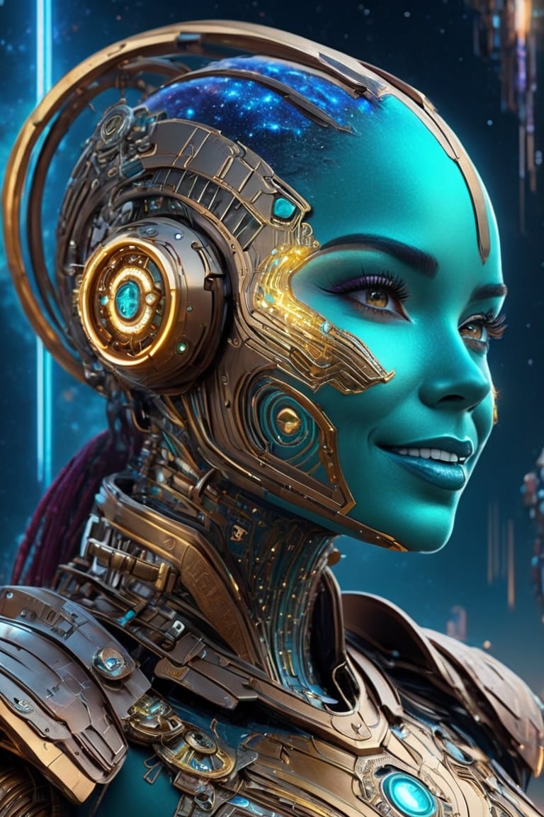 impossibly beautiful portrait of nebula (Guardian of the galaxy) in which the Irish is made of an thin arrangement of strands of metal, nanotechnology, which forms a high-tech electronic circuit, and the head is made of a robotic sensor, teal and gold, insane smile, intricate complexity, surreal horror, inverted neon rainbow drip paint, trending on art station, photoreal, 8 k, octane render by greg , starry night background, rutkowski,cyborg style, fantasy look, photognic n cinematic look, 4K HD,steampunk style,HZ Steampunk,SteelHeartQuiron character