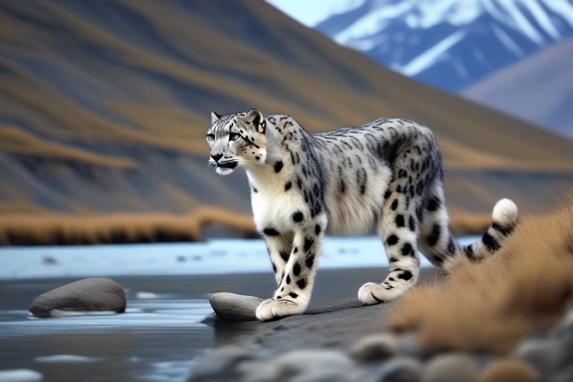 A snow leopard near river bank, Ladhak mountains in the backdrop. 4K, cinematic look, HD, detailed, sharp, photorealistic
