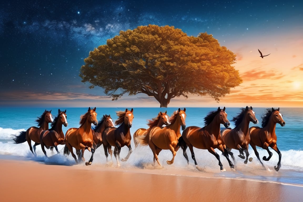 Seascape, seven horses running in the water facing front, starry sky, blue sky, high water tide, orange sand, fantasy looking scene, 4k, HD, sharp details, cinematic look, photographic HD, vibrant colors, flying birds, one big tree againt light, 