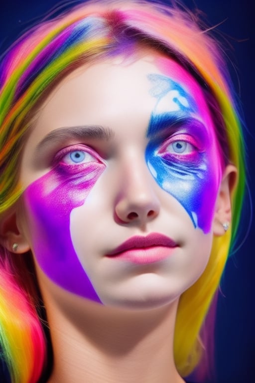 Make painted face of a beautiful yound girl with colorful hair portrait, HD, cinematic look, photographically superp, sharp eyes,