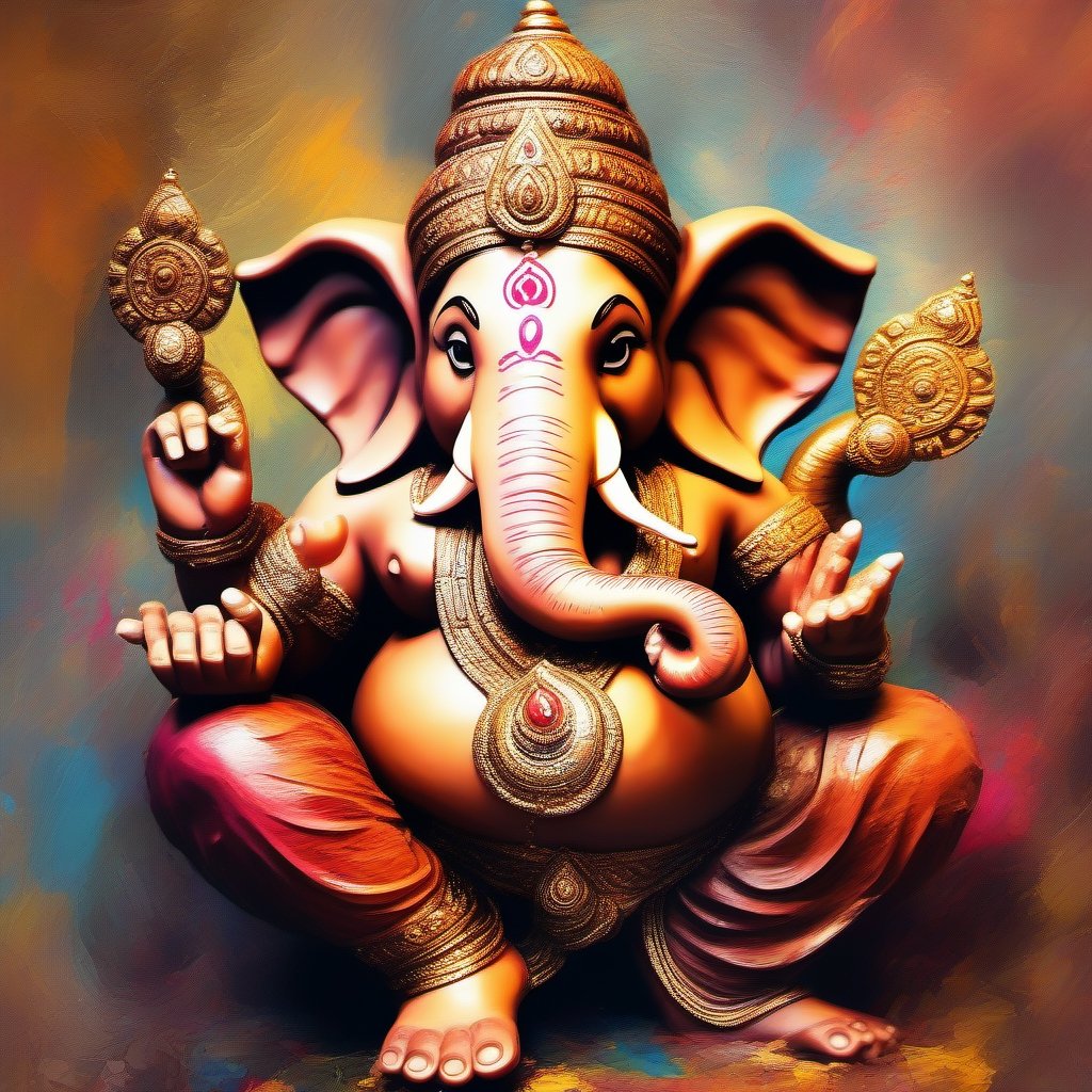 Share a visually abstract or surreal image, intriguing or visually captivating image with impasto paint, such as Indian God Ganesh in dancing pose, one third view, wide shot, camera shot, 316K, sharply detailed and sharp eyes, 3D, hyper realistic, color leaks
