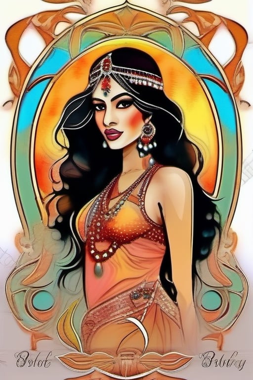 Art nouveau, a very beautiful Indian glamorous girl, alcoholic ink, water color splash and impasto painting