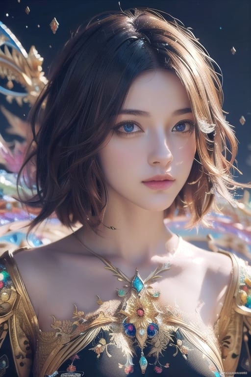 (masterpiece, top quality, best quality, official art, beautiful and aesthetic:1.2), (1girl), extreme detailed,(abstract, fractal art:1.3),colorful hair,highest detailed, detailed_eyes, light_particles, 