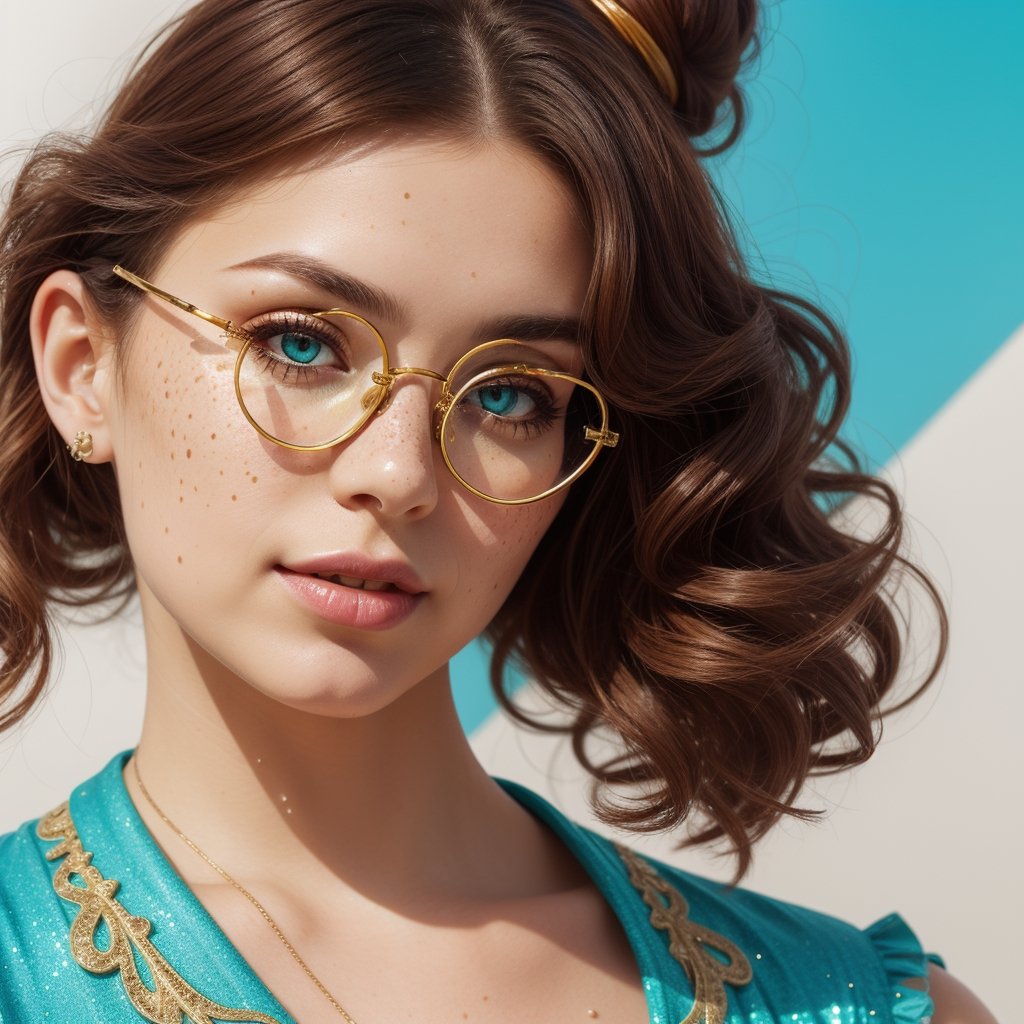 Art nouveau, sparkling spots n splashes, black glitter, pretty woman with black auburn hair in undone bun with hanging curls, freckles,  heart shaped golden glasses, casual outfit, airbrush painting, black lines, an old labels, bright n sparkling colors, yellow, blue, white, orange and turquoise, 3D, hyper photorealistic, sharp n detailed
