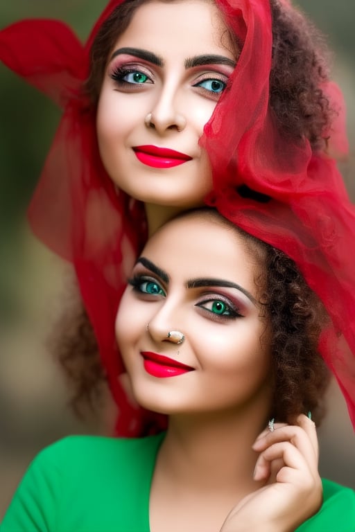 Beautiful young Afghanian Muslim girl with curly hair, sharp blue eyes, red lips, HD quality, high resolution, painted face, one third attractive figure, green n white dupatta, side face, cinematic look, photographic quality, tatoo on cheek