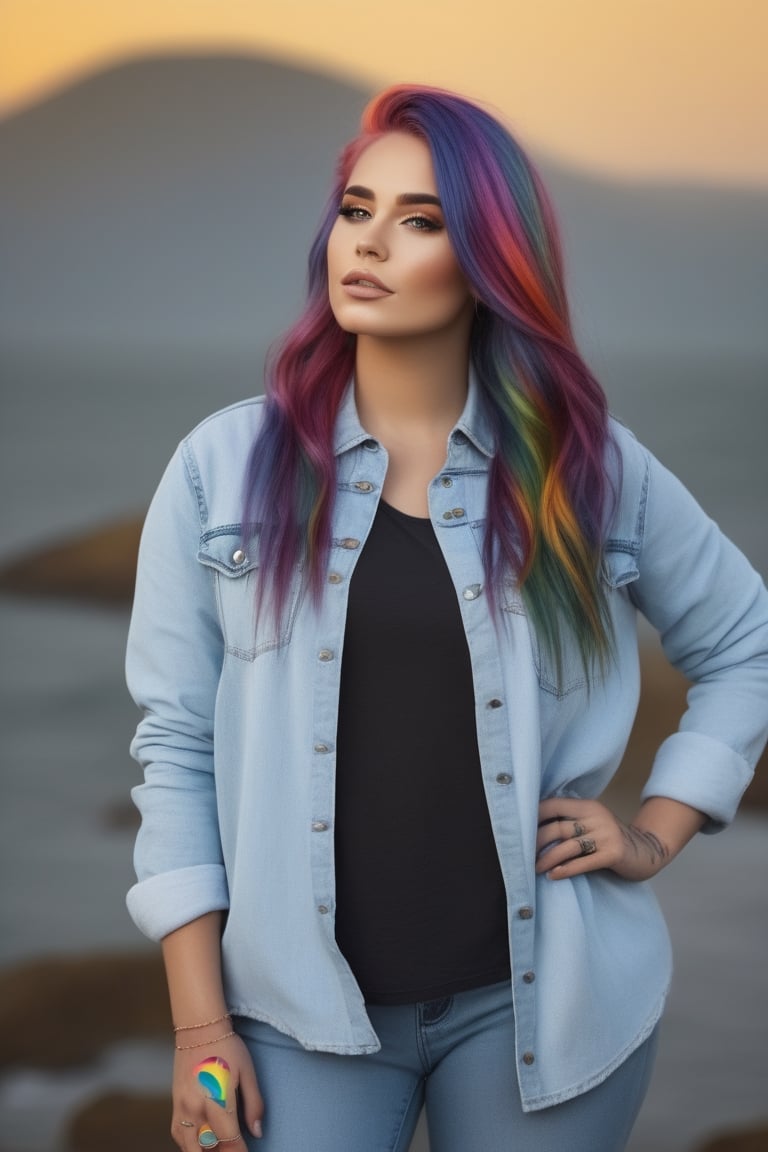 Beautiful portrait, hyperrealistic model with colorful hair and a rainbow